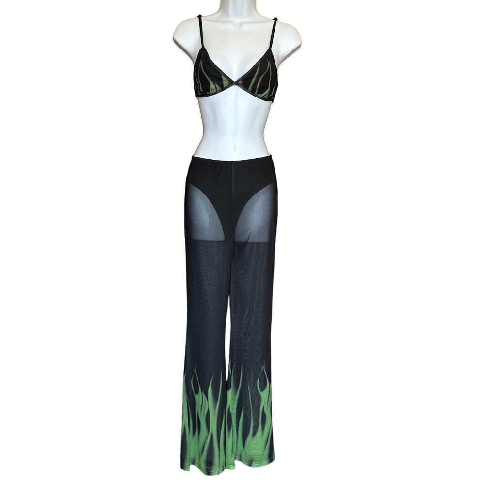 Superdown Black Flare Pant Set SMALL Crop Top Flames Coachella Festival $88 NEW - Picture 5 of 12